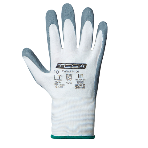 Перчатки TESA TWINS T-100, вспененный нитрил, покрытие ладонной части, манжета, белый/серый